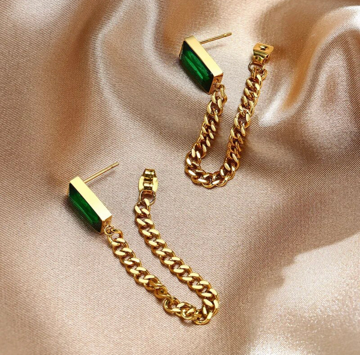 Green Chain Link Dangle Earrings