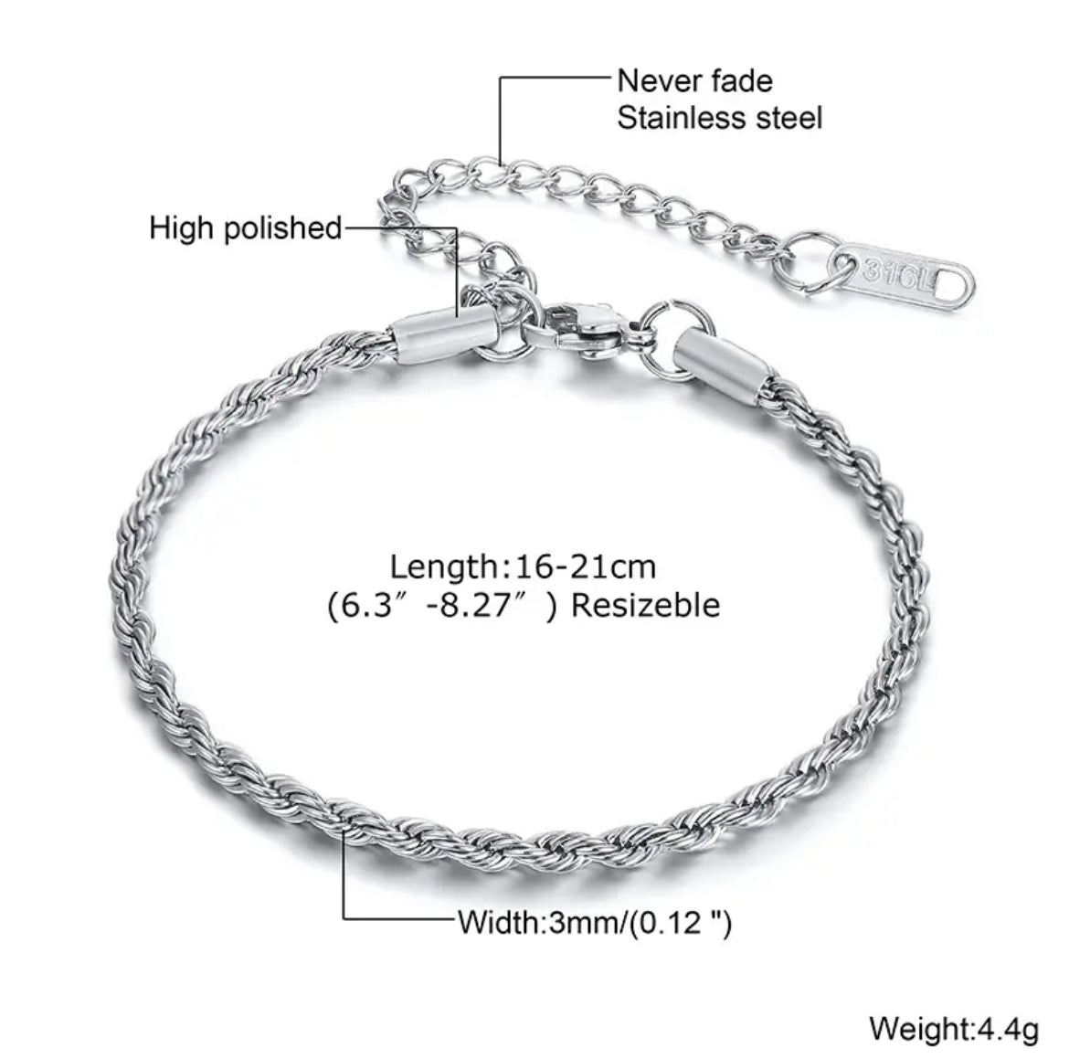 Silver Twist Rope Chain Bracelet