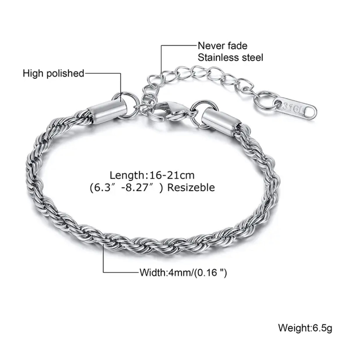 Silver Twist Rope Chain Bracelet